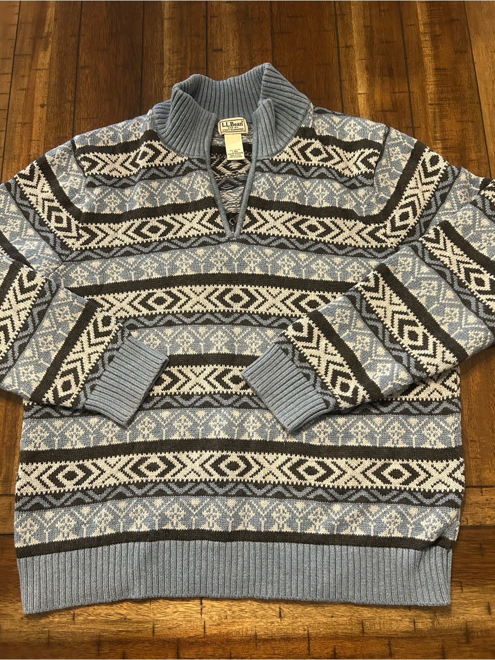 L.L.Bean Men’s Large Cotton Nordic Fair Isle Sweater 1/4 Zip Blue Brown
